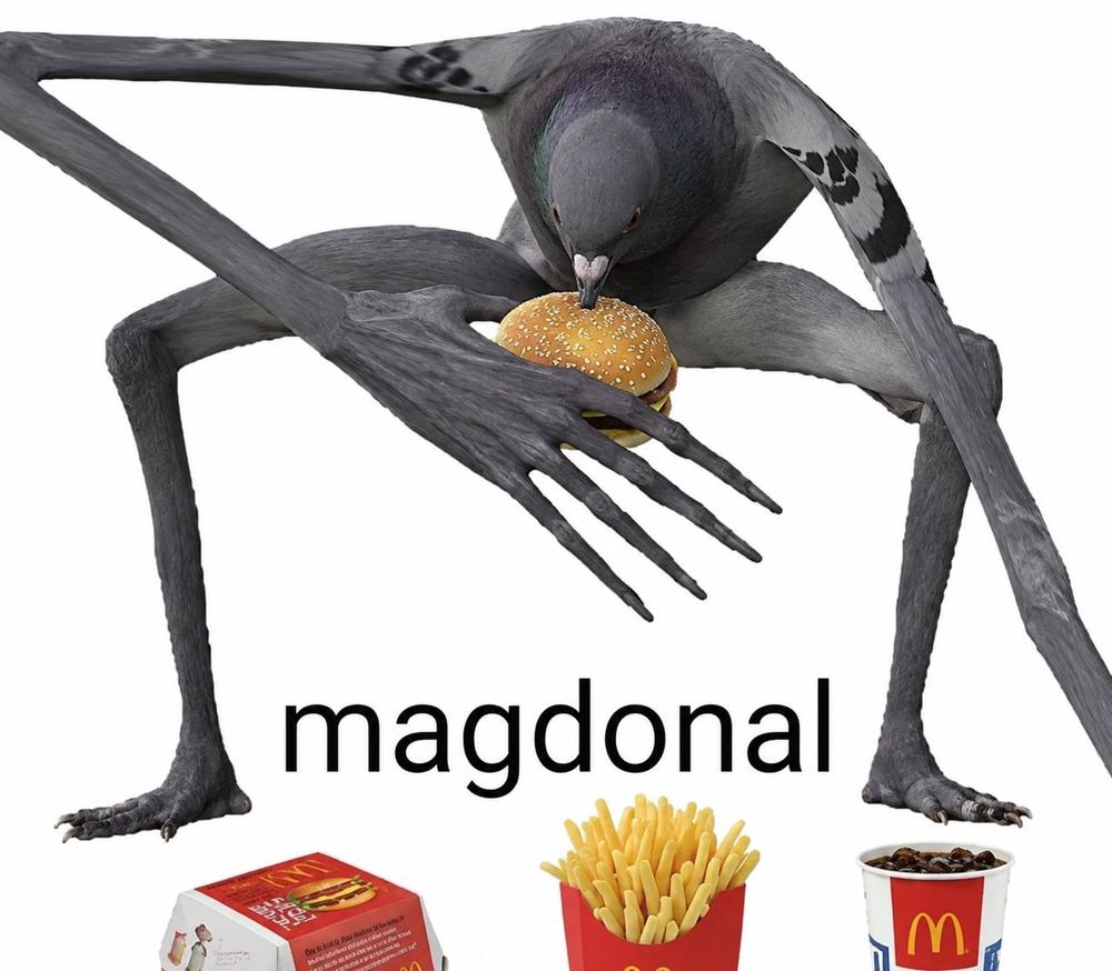 Long-limbed pigeon eating a burger beside fast food