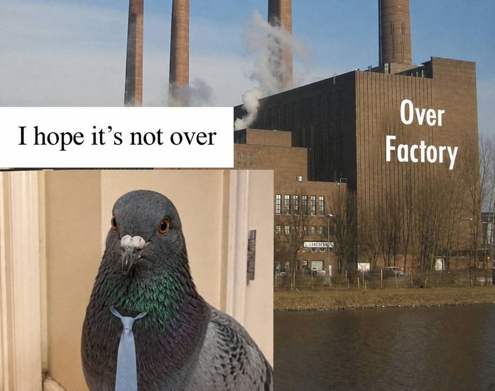 Pigeon in a tie beside a factory captioned I hope it's not over