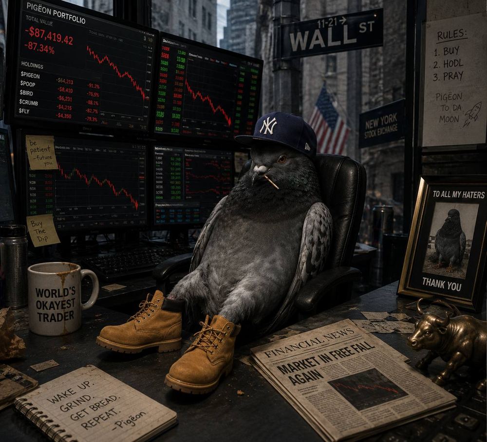 Pigeon at a Wall Street trading desk, portfolio down 87 percent